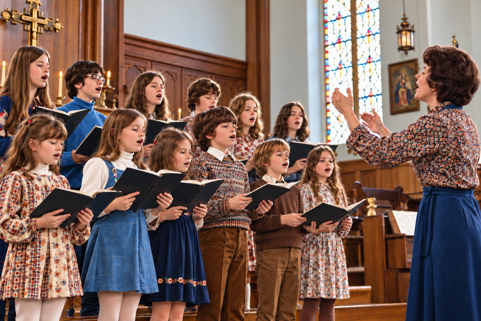 Création photoréaliste d’une petite chorale d’enfants dans une église, avec la cheffe de chœur à droite